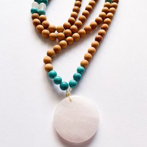 Sacred Summer Sandalwood, Turquoise & Rose Quartz Pendant Necklace - Mala, yoga
